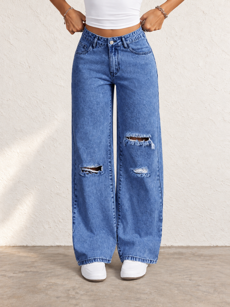 Women's Light-colored Washed Distressed Wide-leg Jeans For Autumn And Winter