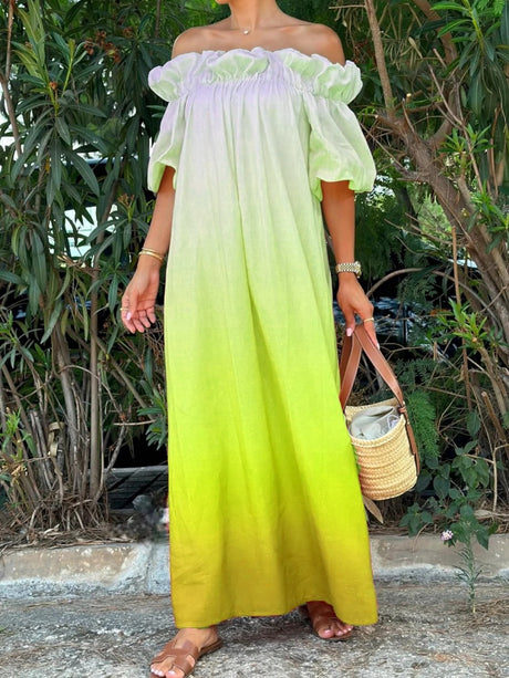 Off-the-shoulder Gradient Print Long Dress With Ruffled Trim