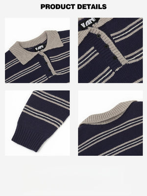 Stripes Contrasting Colors Polo Collar Loose Sweaters