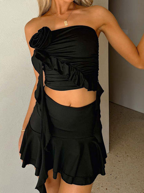 Ruffle Pleated Strapless Top And Bodycon Skirt 2-piece Sets