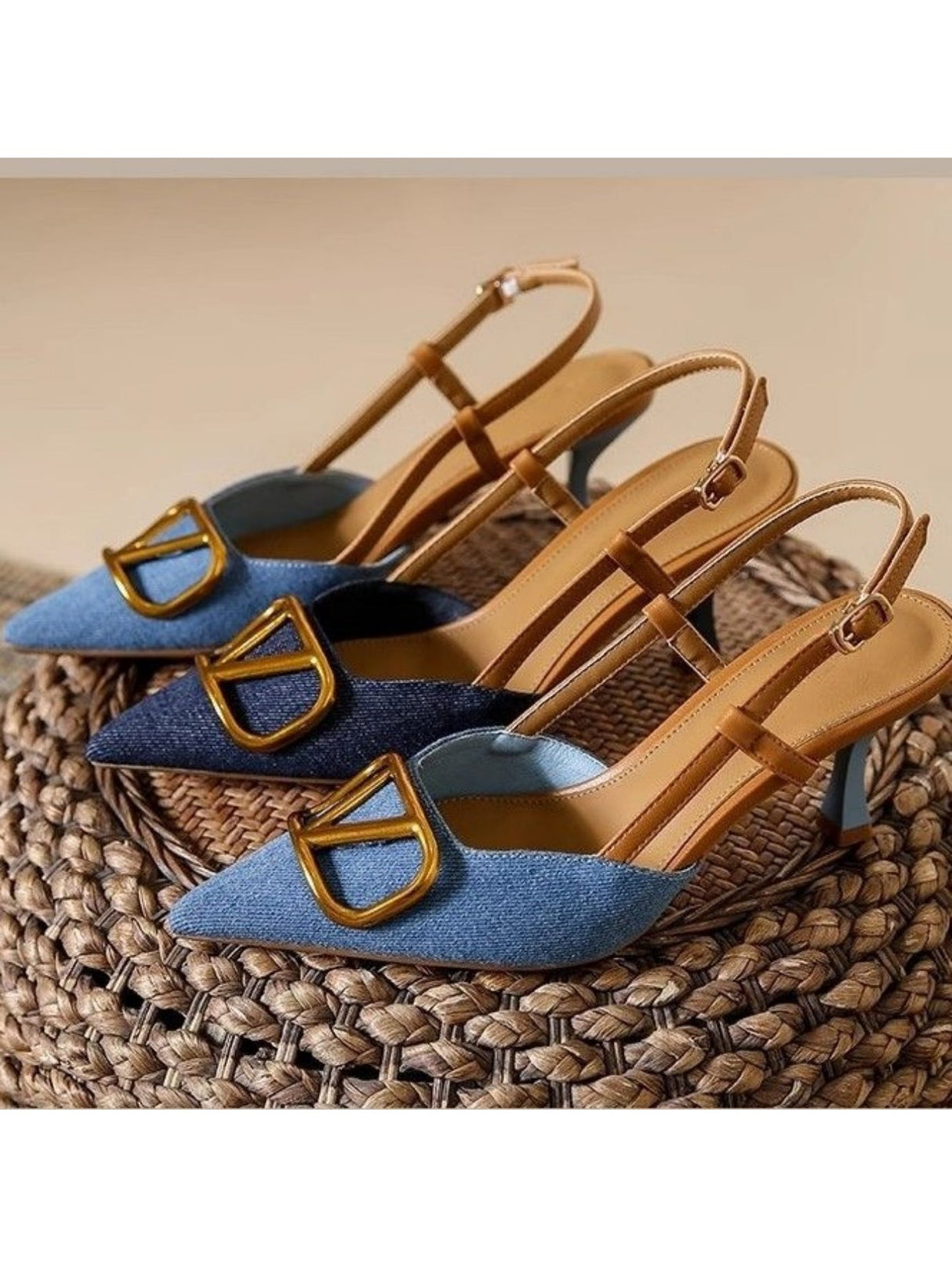 Liber Spring and Autumn Denim Metal Buckle Women's High Heels