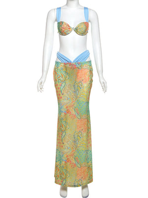 Color-blocked Print Strappy Top High-waisted Midi Skirt 3 Piece Bikinis