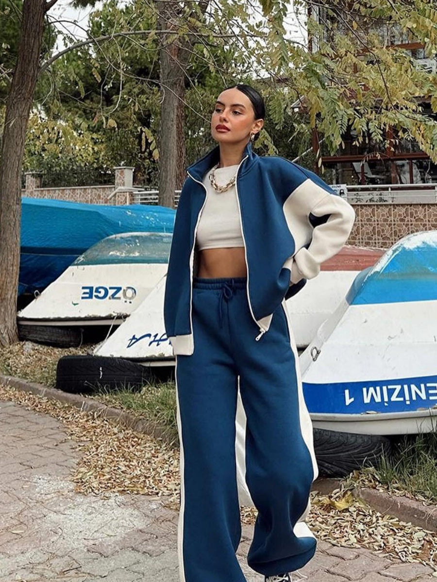 Jackets Casual Trousers Set Retro Contrasting Colors Long Sleeve Zipper Coat Two-piece Trouser Set