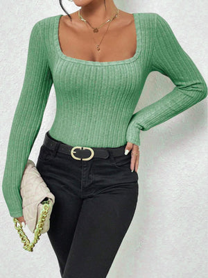 Knitted Ribbed Brushed Striped Square Neck Long-Sleeved Bodysuit Top