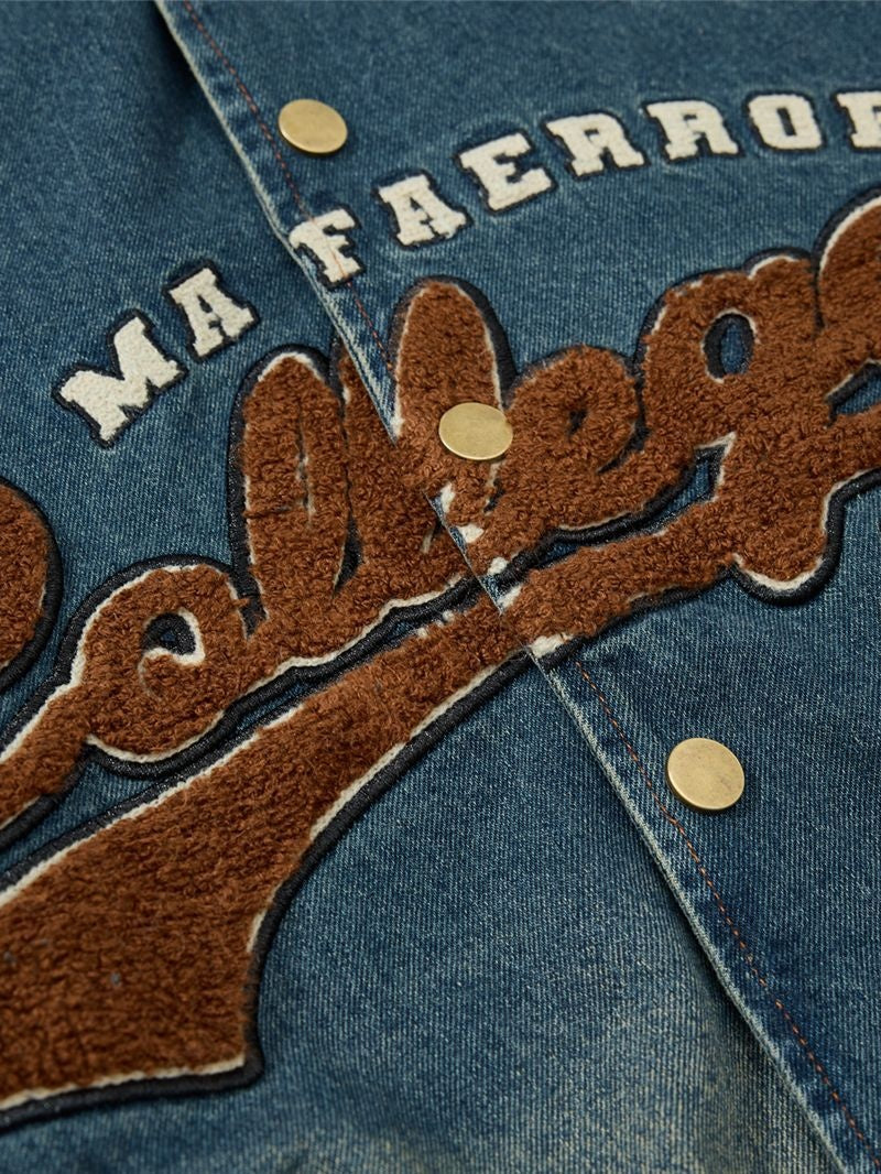 Retro Washing Letter Embroidery Baseball Uniform Denim Jacket