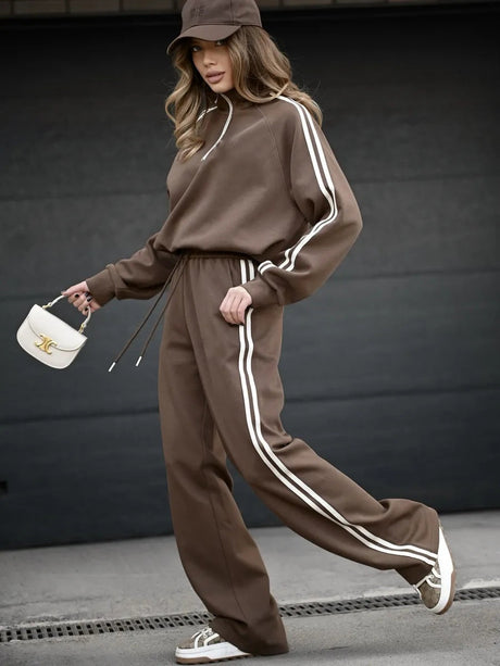 Sweatshirts&Hoodies Striped Sweatpants Loose Long Sleeve Half-zip Collar Hood Sweatshirts&Hoodies Lace Up Sweatpants 2-piece Sets