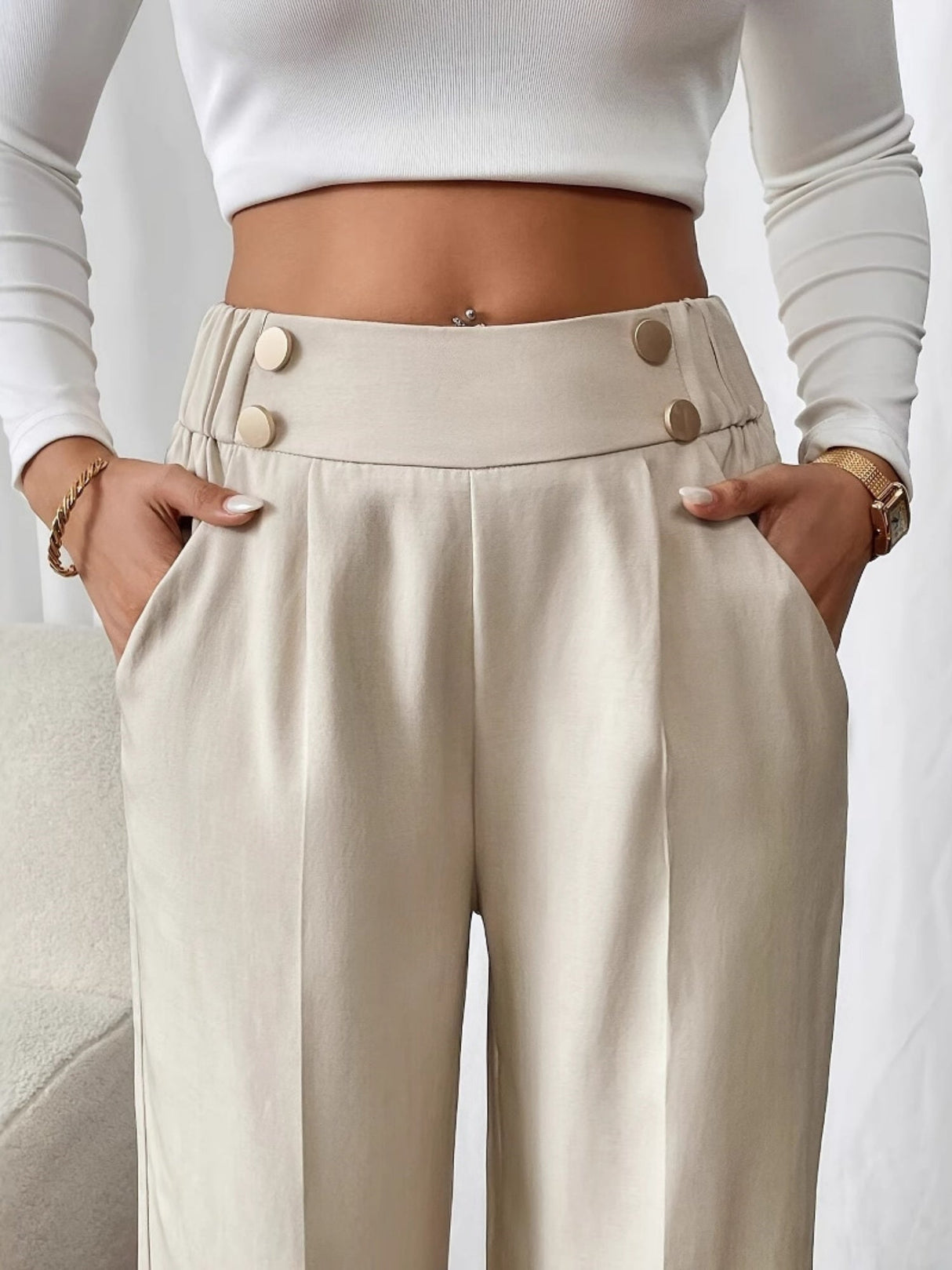 Pleated Button Draped Casual Pants High Waist Trousers Loose Straight Trousers