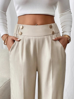 Pleated Button Draped Casual Pants High Waist Trousers Loose Straight Trousers