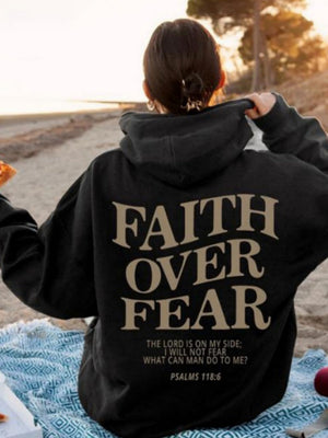 Long Sleeve Leisure Faith Over Fear Print Hoodies