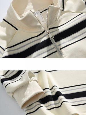 Mock Neck Zipper Stripes Raglan Sleeves Sweatshirts