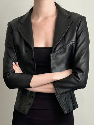 PU Leather Collared V-neck Patchwork Slim Fit Jackets