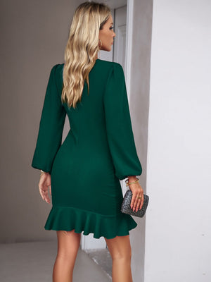 Christmas Puff Sleeve Ruffle Pure Color Mini&Short Dresses