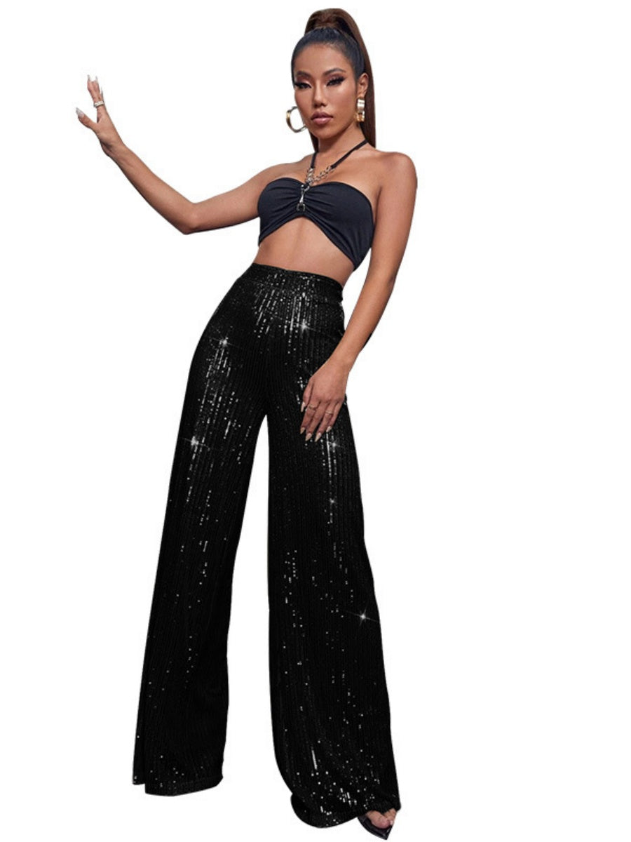 High Waist Sequins, Loose Fit, Drape, Elastic Wide-leg Pants