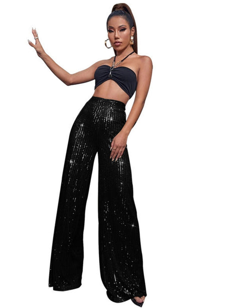 High Waist Sequins, Loose Fit, Drape, Elastic Wide-leg Pants