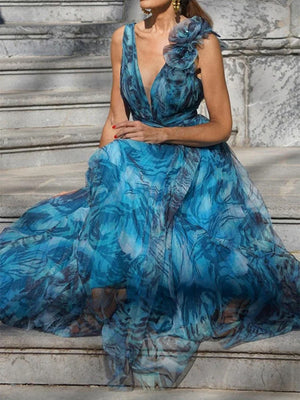 Bohemian Resort Style Floral Print V-neck Long Dress