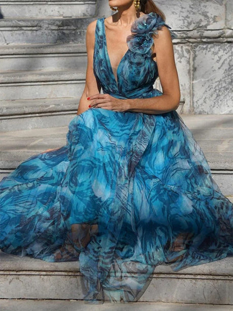 Bohemian Resort Style Floral Print V-neck Long Dress