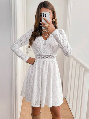 Hollow Lace Splicing Long Sleeve Mini&Short Dresses