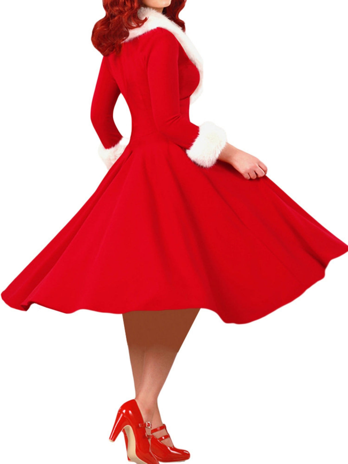 Christmas Plush Splicing Low-cut Self-cultivation Long Sleeves Midi Dresses