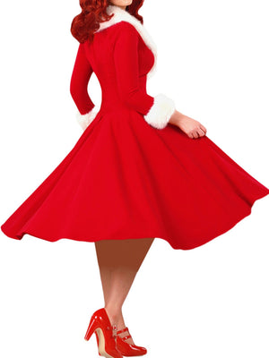 Christmas Plush Splicing Low-cut Self-cultivation Long Sleeves Midi Dresses
