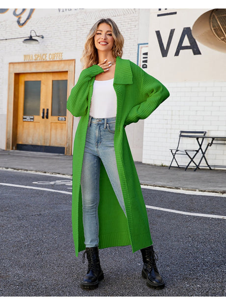 Liber Autumn Women's Plain stitch Lapel Long Cardigans Coat