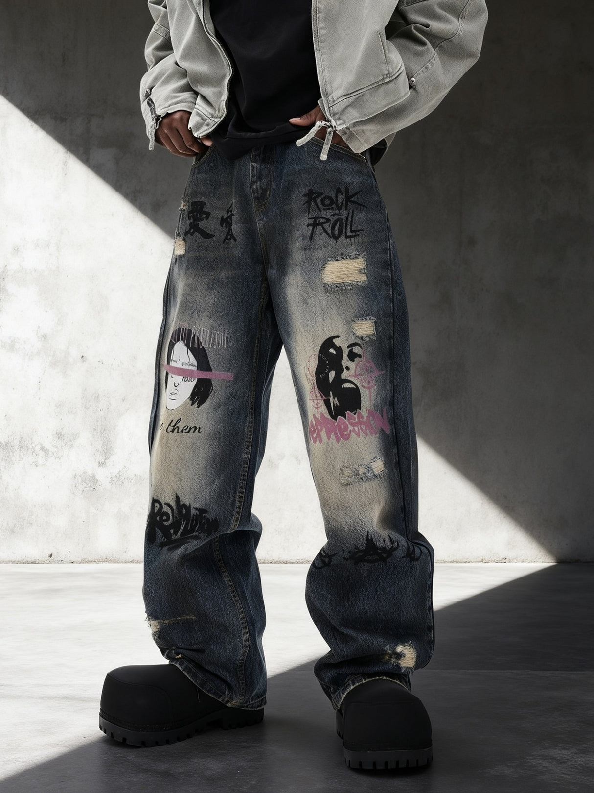 Face Graffiti Loose-fit Distressed Washed Fake Hole Jeans