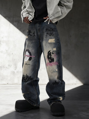 Face Graffiti Loose-fit Distressed Washed Fake Hole Jeans