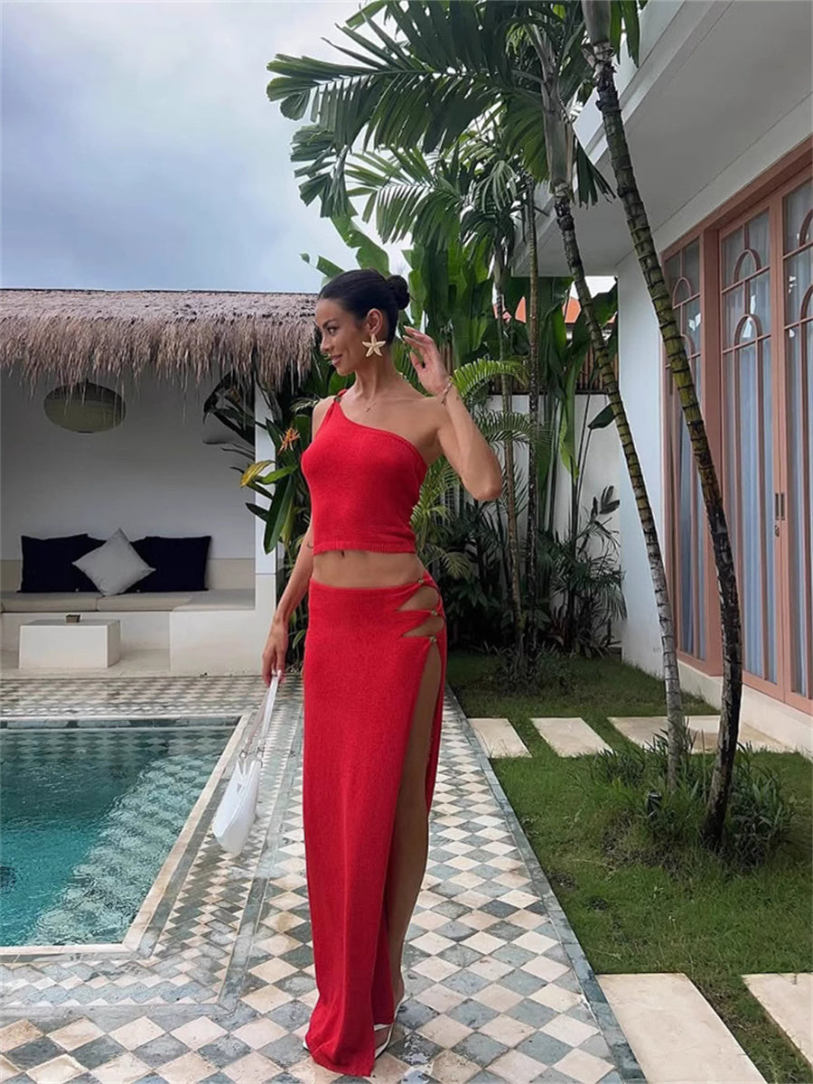 Liber Summer Women's Navel Solid Color 2-piece Sets