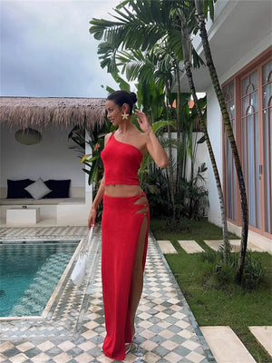 Liber Summer Women's Navel Solid Color 2-piece Sets