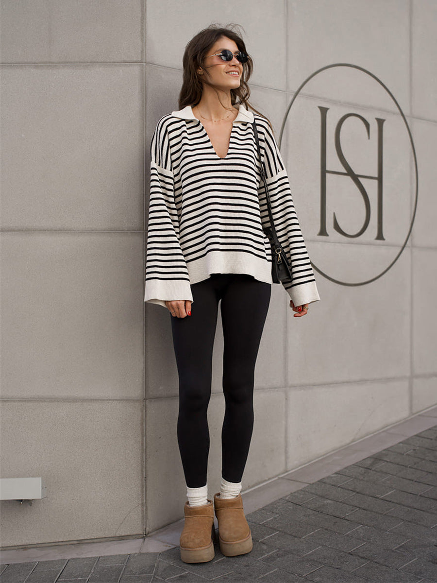 Black Striped Sweater With Collar, Long Sleeves, Loose Fit, Pullover Style.