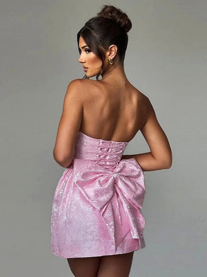 Jacquard Strapless Top Bow Straps Backless Solid Color Mini&Short Dresses