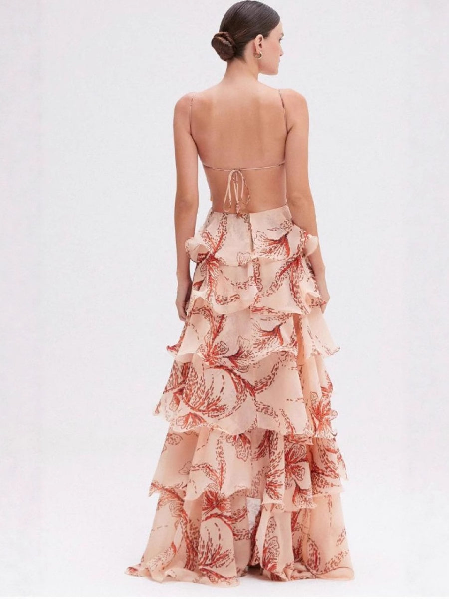 Multi-layered Ruffled Butterfly Halter Long Dress