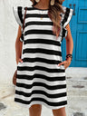Stripes Color Matching Crew Neck Pocket Midi Dress With Flutter Sleeves
