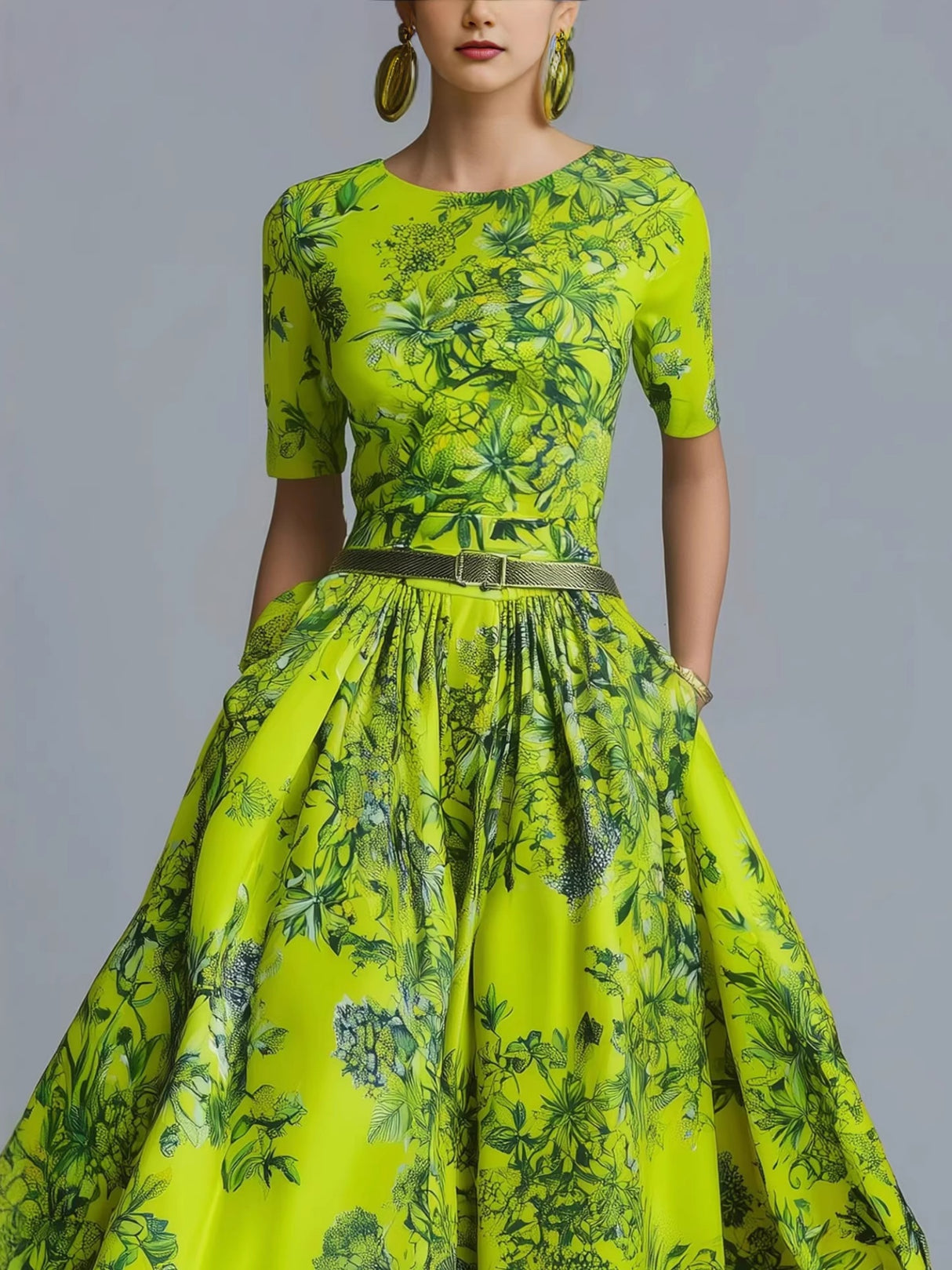 Printed Crew Neck Short Sleeve Zipper Maxi Dresses