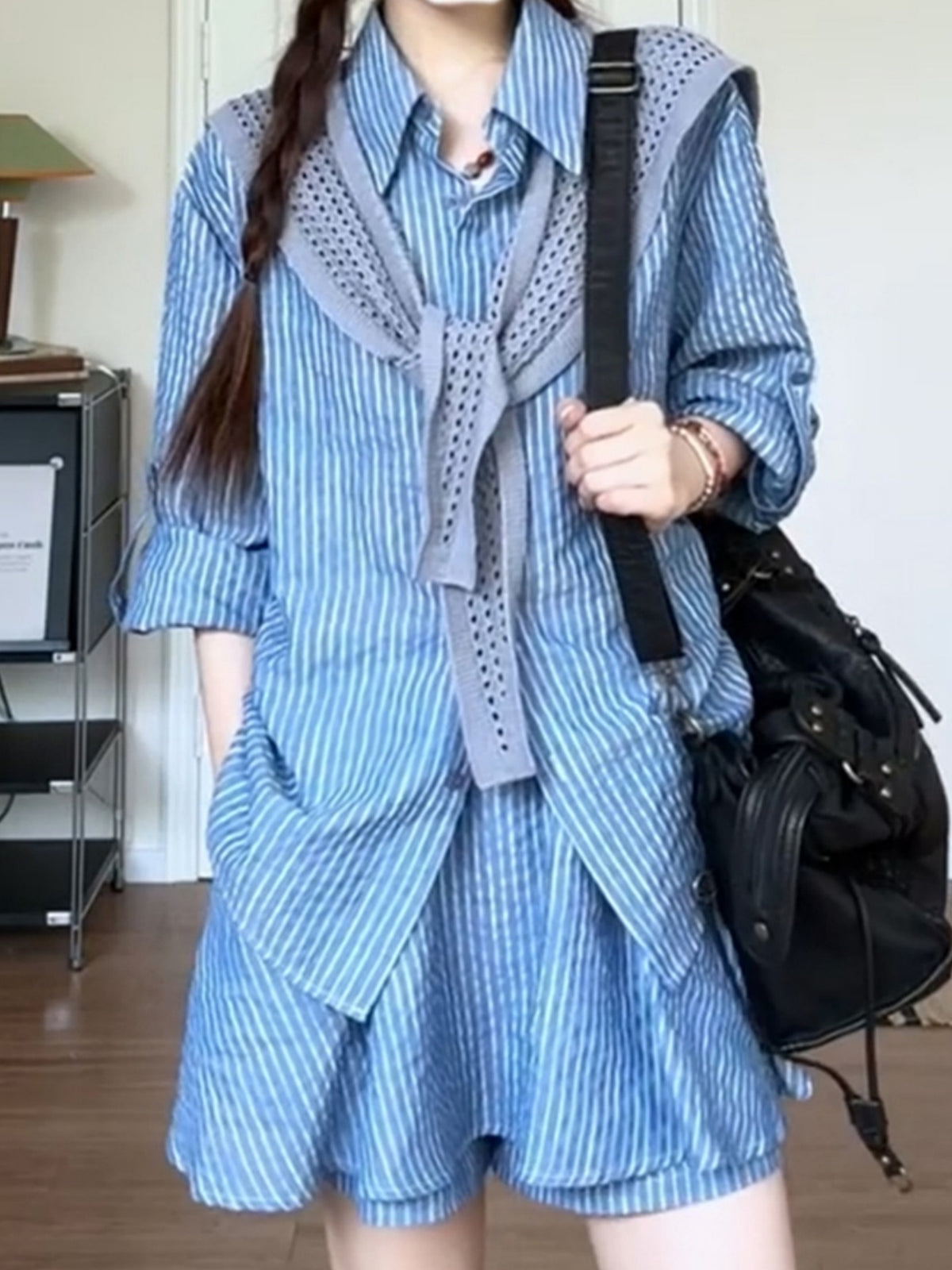 Korean Style Simple And Gentle Navy Striped Two-piece Set