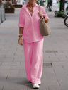 Collared Long-sleeved Shirt And Casual Solid Color Wide-leg Pants Two-piece Set For Spring And Autumn
