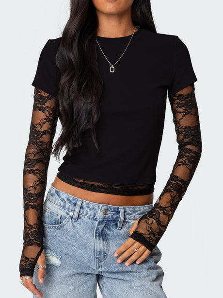 Lace Patchwork Layered-look Long-sleeved Crew Neck T-shirts