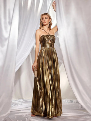 Metallic Strapless Style Crimp Slit Thin Strap Sleeveless Backless Cocktail Party Parties Formal Dress Long Dress