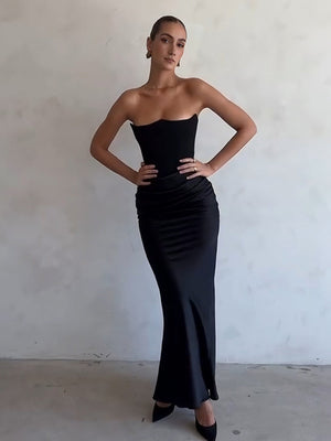 Strapless Satin Fishbone Decoration Crimp Splicing Hip-hugging Dinner Cocktail Midi Dress