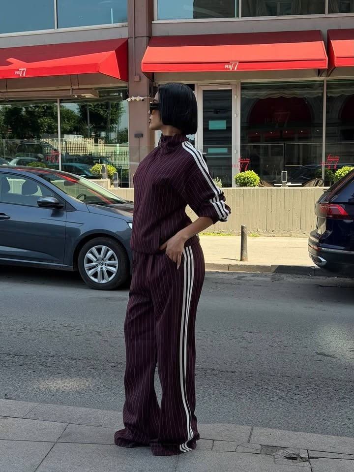 Women's Vertical Striped Three-Stripe Tracksuit Stand-up Collar Zip-up Jacket And High-waisted Wide-leg Trousers Two-piece Set