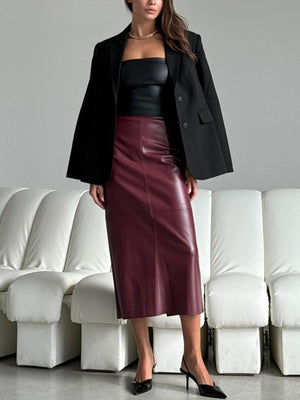 Leather Stitching High-waisted Back Slit Long Skirts