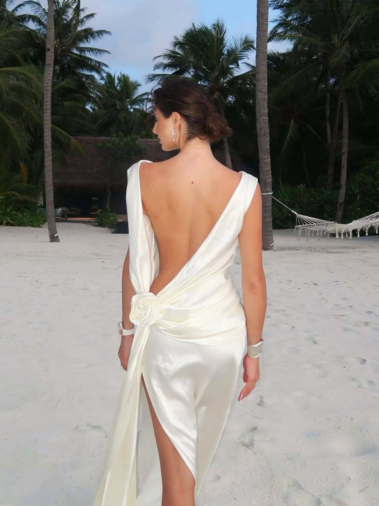 Satin Flowers Formal Dress Slit Maxi Dresses