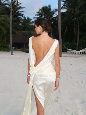 Satin Flowers Formal Dress Slit Maxi Dresses