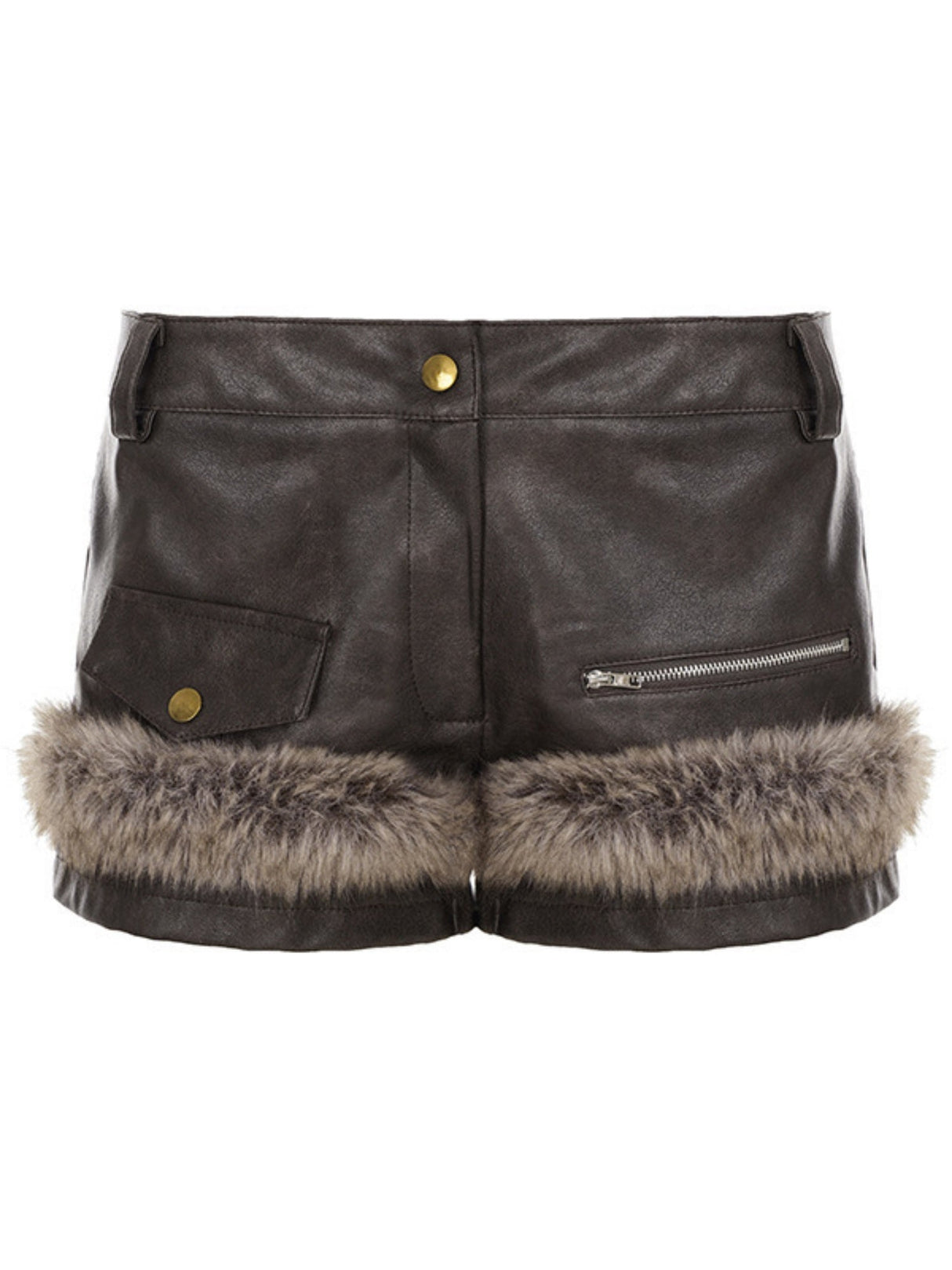 Furry Patchwork Leather Zipper Shorts