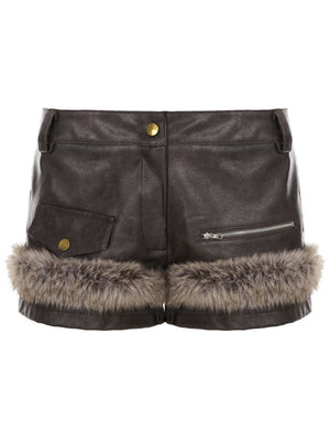 Furry Patchwork Leather Zipper Shorts