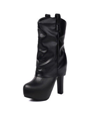 Patchwork Pleated High-heeled Mid-calf Women's Boots