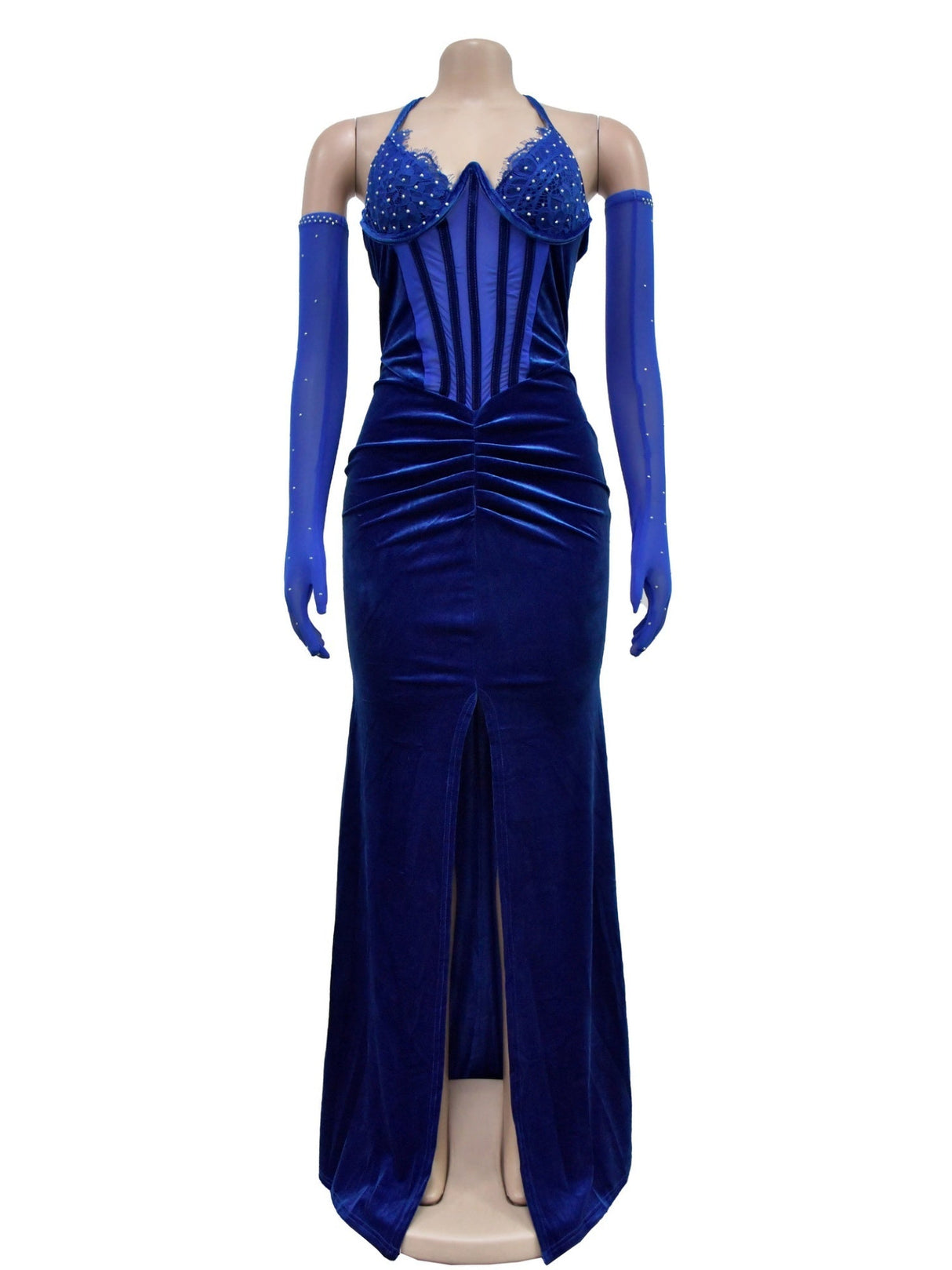 Abendkleid mit Strassbesatz, Patchwork aus Spitze und Samt, durchsichtigem Mesh, Neckholder und Schlitz