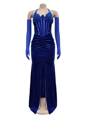 Abendkleid mit Strassbesatz, Patchwork aus Spitze und Samt, durchsichtigem Mesh, Neckholder und Schlitz