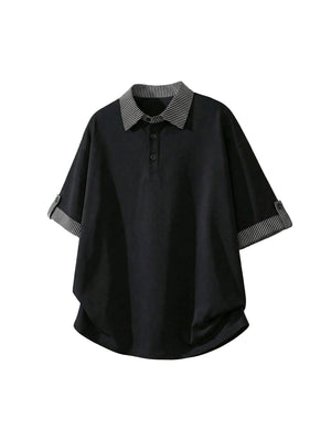 Color-blocked Layered-look Stripes Patchwork Polo Shirt
