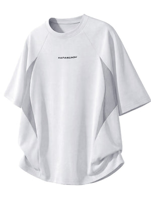 Color-blocked Mesh Patchwork Letter Print T-shirts