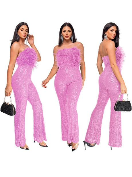 Sleeveless Backless Sequined Feather Flared Leg Jumpsuit